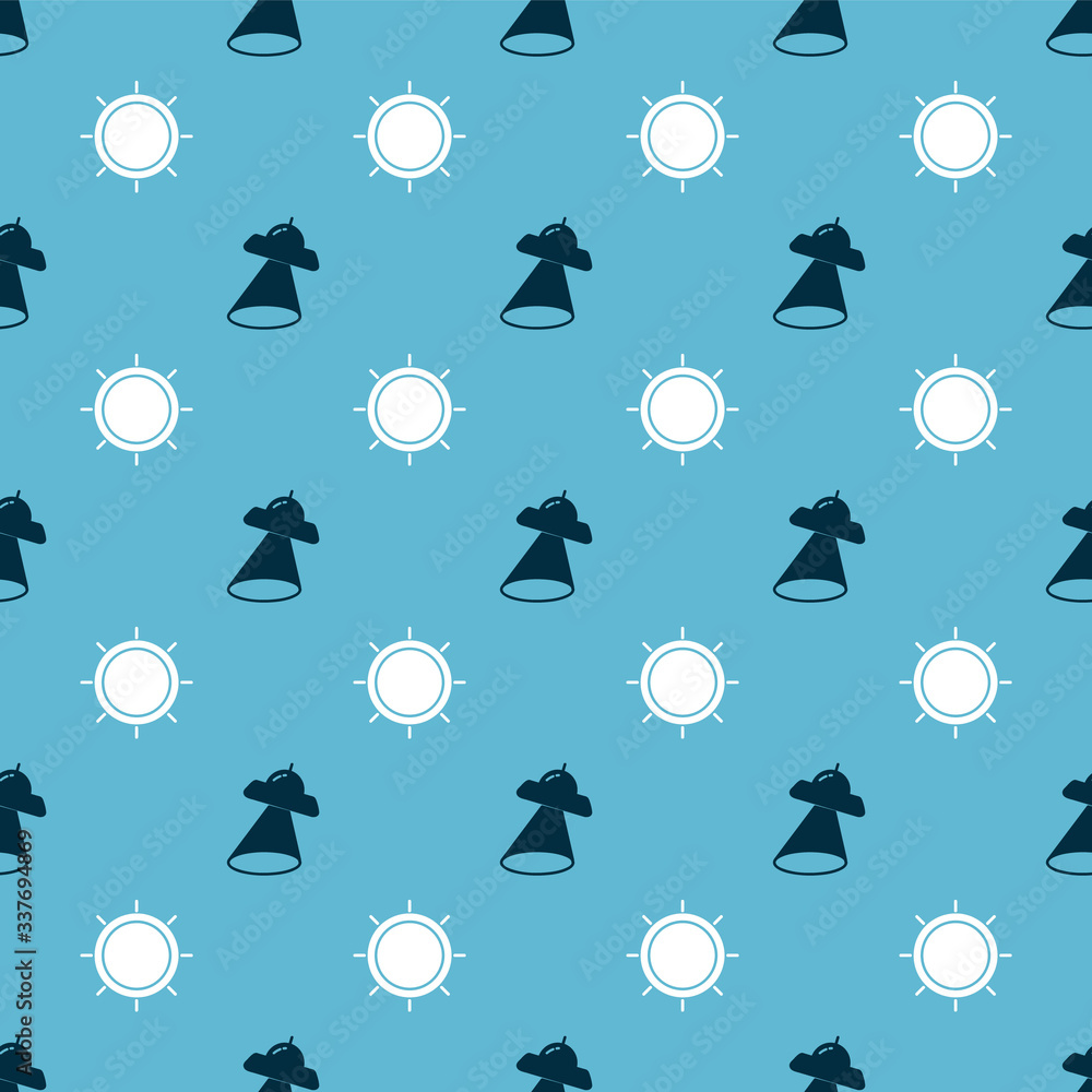 Poster set ufo flying spaceship and sun on seamless pattern. vector