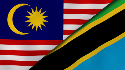 The flags of Malaysia and Tanzania. News, reportage, business background. 3d illustration