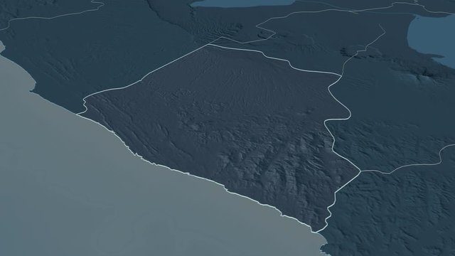 Carazo, department with its capital, zoomed and extruded on the administrative map of Nicaragua in the conformal Stereographic projection. Animation 3D