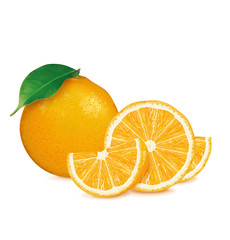 Fresh orange with leaf and slices. Vector illustration - 337696068