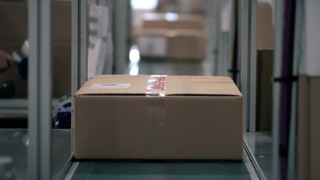 Parcel in a cardboard box moves along the packaging line in a warehouse. The parcel moves alone on the conveyor. Automation of online shipping logistics