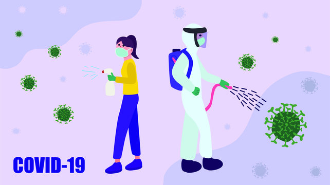 Concept of Disinfecting Coronavirus Cells, Preventive Measures Due to Covid-19, Virus Outbreak.  Hygiene promotion with wearing a face mask, sanitizing with alcohol in flat style 