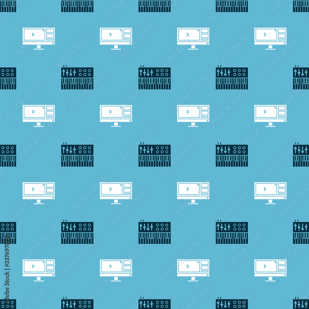 Poster set music synthesizer and video recorder or editor software on monitor on seamless pattern. vector