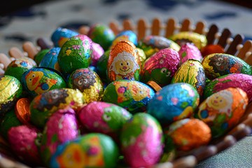 Basket full of colorful easter eggs