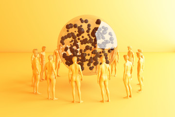 Pandemic corona virus conceptual  colour people social distancing strategy with human model in sphere ball glass surrounding by a lot of virus 3d rendering
