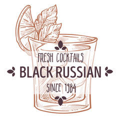 Black russian fresh alcoholic beverage cocktail label vector