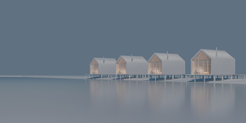 Perspective view of several rural barnhouse style houses lined up by the lake. Concept art in gray tones with warm and cold lighting with copy space. 3D illustration. © ParamePrizma