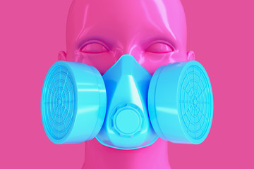 Minimalistic glamorous background with female pink shiny porcelain face and blue respirator on pink background. 3D illustration.