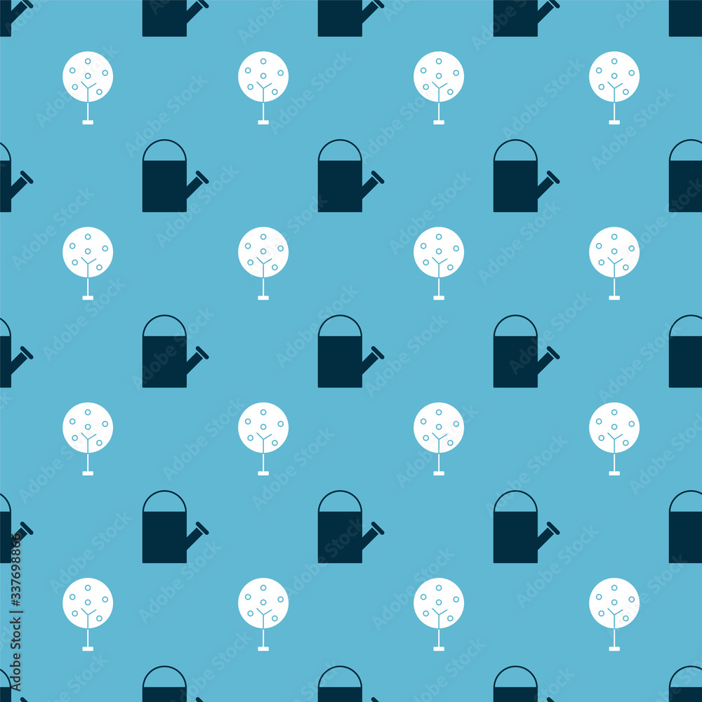 Poster set watering can and tree on seamless pattern. vector
