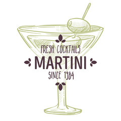 Martini cocktail with olives, alcoholic beverage emblem vector