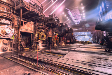 Workshop for rolling hot hoists through rolling mills. For receiving rolled steel and shipping finished products to the consumer at a metallurgical plant. © Aleksandr