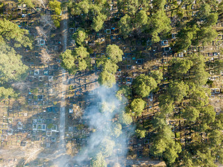 Fire in a forest cemetery. Smoke envelops conifers. Aerial drone view.
