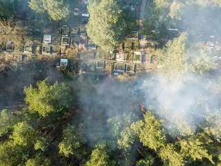 Fototapeta na wymiar Fire in a forest cemetery. Smoke envelops conifers. Aerial drone view.
