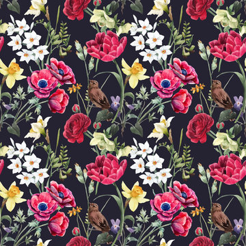 Beautiful vector floral summer seamless pattern with watercolor red and yellow flowers. Stock illustration.