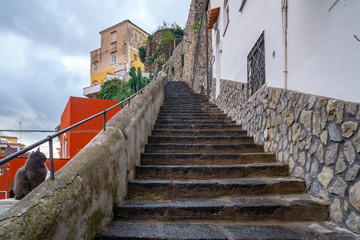 Narrow stairs and streets in the tourist village of Positano, Amalfi coast