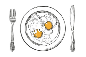 Breakfast, eggs on a plate, knife and fork, hand drawn vector illustration realistic sketch