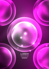 Glowing neon shiny transparent bubbles, glass circles or bio cell concept. Techno futuristic vector abstract background For Wallpaper, Banner, Background, Card, Book Illustration, landing page