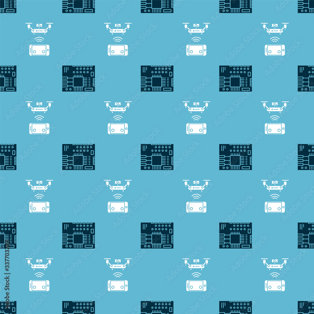 Poster set printed circuit board pcb and remote aerial drone on seamless pattern. vector