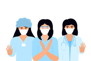 Obraz premium COVID-19. Coronavirus epidemic. A team of doctors in protective medical masks. Stop virus concept. A woman shows a gesture of stop. Female lab worker. Nurse. Laboratory assistant
