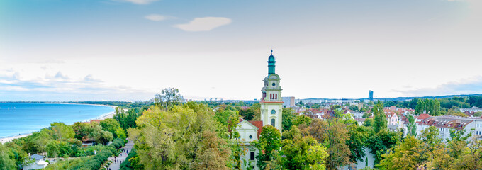 Panoramic view of Sopot with a view of the historic church of the Savior.