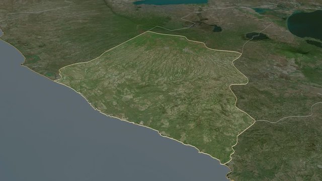 Carazo, department with its capital, zoomed and extruded on the satellite map of Nicaragua in the conformal Stereographic projection. Animation 3D