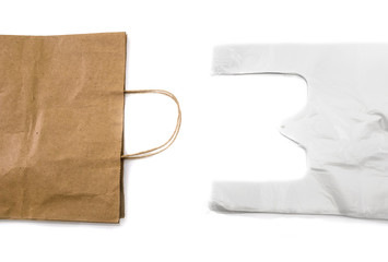 paper bag and plastic bag on white