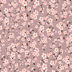 Seamless pattern with cherry blossom branches. Botanical ornament for fabric. Design for cards and Wallpapers.