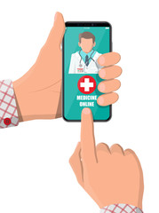 Mobile phone with internet pharmacy shopping app. Pills and bottles, medicine online. Medical assistance, help, support online. Health care application on smartphone. Vector illustration in flat style