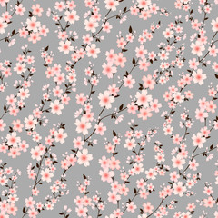 Seamless pattern with cherry blossom branches. Botanical ornament for fabric. Design for cards and Wallpapers.