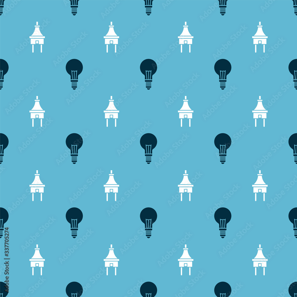 Poster set light bulb with concept of idea and electric plug on seamless pattern. vector