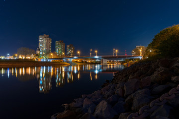 Collini Centre and Neckar at night in Mannheim 10.04.2020