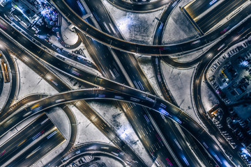 Aerial view highway road junctions at night  in Moscow