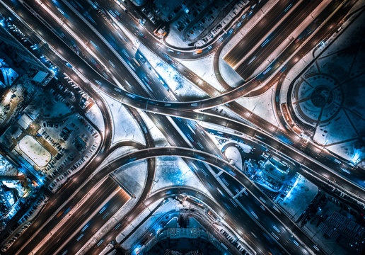 Aerial view highway road junctions at night  in Moscow
