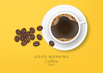 Coffee banner realistic coffee beans yellow background vector illustration