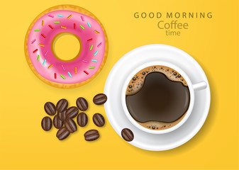 Pink donut and black coffee realistic delicious dessert yellow background