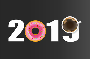 Pink donuts and black coffee realistic delicious dessert. 2019 banner