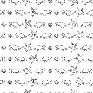 Turtles starfish and seashell outline illustration vector seamless pattern