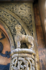 KARPACZ, POLAND - MARCH 09, 2020: Architectural detail of the old wooden temple Vang (Wang)....