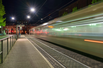 Fototapeta na wymiar Long Exposure Photography of a Tram in Mannheim, Germany. 10.04.2020