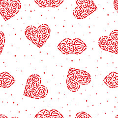 Seamless pattern with abstract red hearts and lips on white background. Hand drawn vector illustration of hearts and dots.Illustration of love and Valentine's day.  