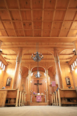 KARPACZ, POLAND - MARCH 09, 2020: Interior of the old wooden temple Vang (Wang). Medieval Norwegian...