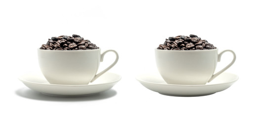 Roasted coffee beans in white ceramic cup on saucer with and without shadow, isolated on white background with clipping path