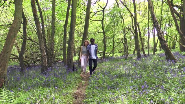 An attractive, casually dressed, interracial teenage couple holding hands while slowly walking through woods, surrounded by bluebells. England, UK.