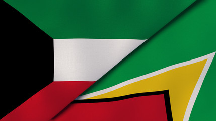 The flags of Kuwait and Guyana. News, reportage, business background. 3d illustration