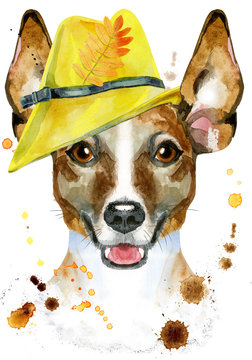 Watercolor portrait of jack russell terrier in yellow hat