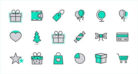 Set of gifts, vector line icons. Contains symbols gift cards, ribbons and more. Editable Stroke. 32x32 pixel.