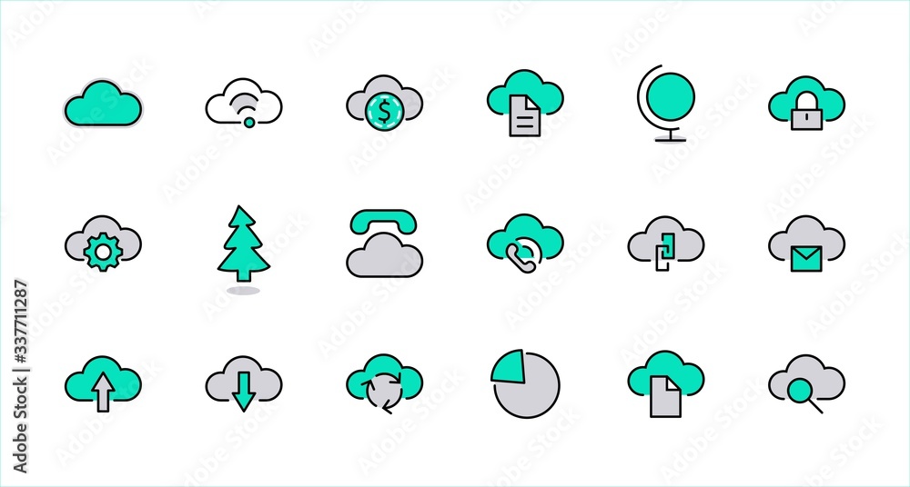 Poster set of cloud vector line icon. it contains symbols to upload, download, link and more. editable stro