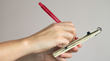 Female hands taking notes in a small notebook with a red pen.