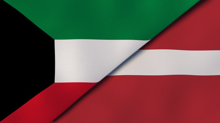 The flags of Kuwait and Latvia. News, reportage, business background. 3d illustration