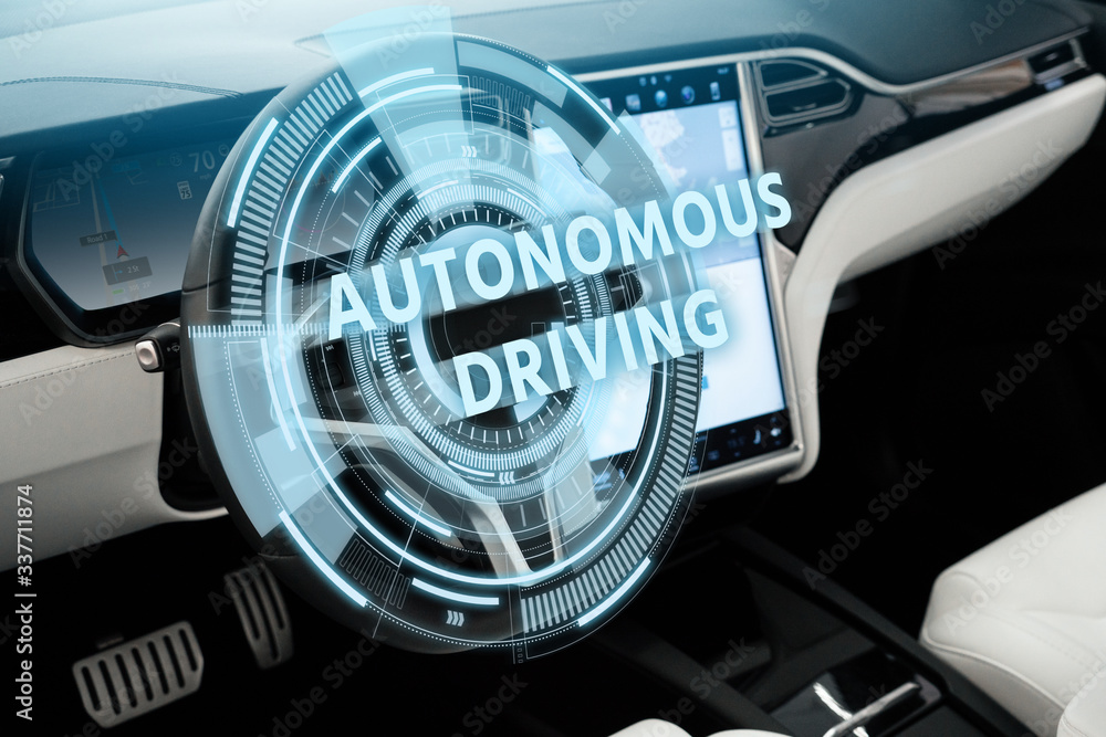 Poster autonomous car with hud (head up display). self-driving vehicle